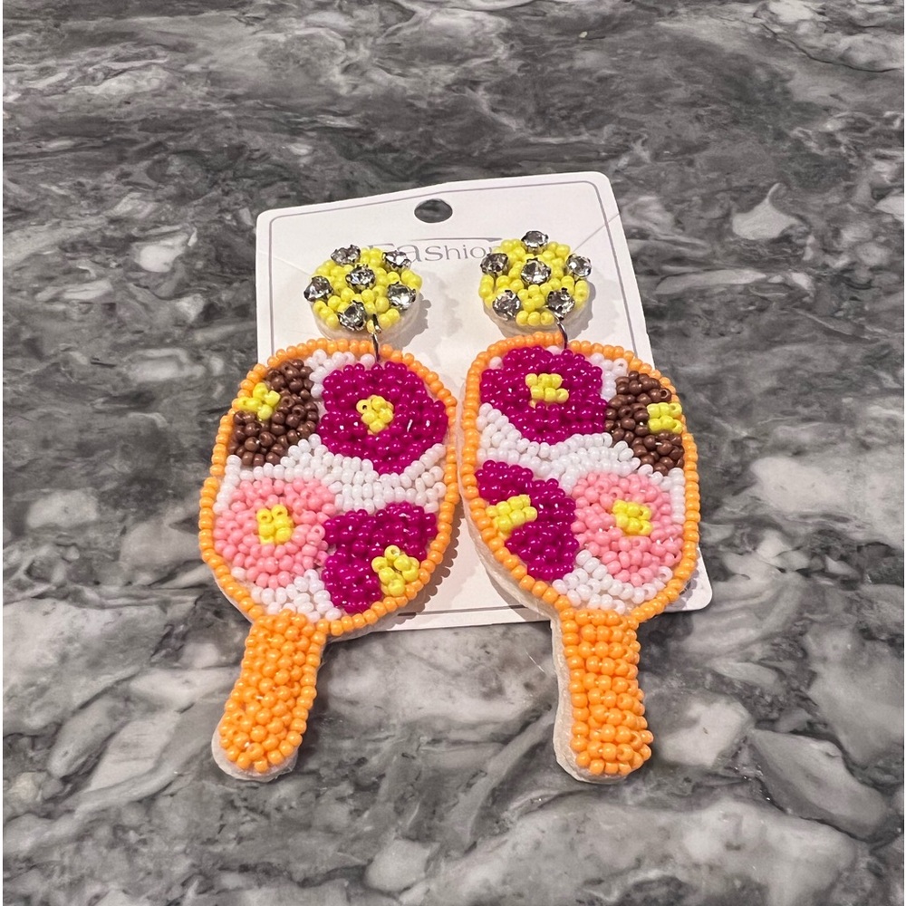 Pickleball or tennis bright beaded floral rhinestone earrings